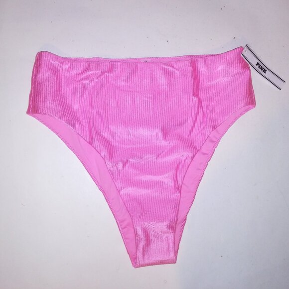 Victoria Secret Swim Bikini Bottom High Waist Cheeky Lola Pink Ribbed Shine Shim - Picture 1 of 16